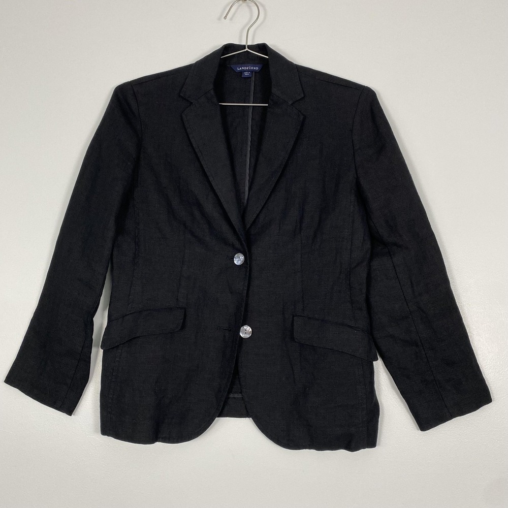 Lands' End Blazer Womens 10 Petite Black Linen Two Button Jacket Office Natural